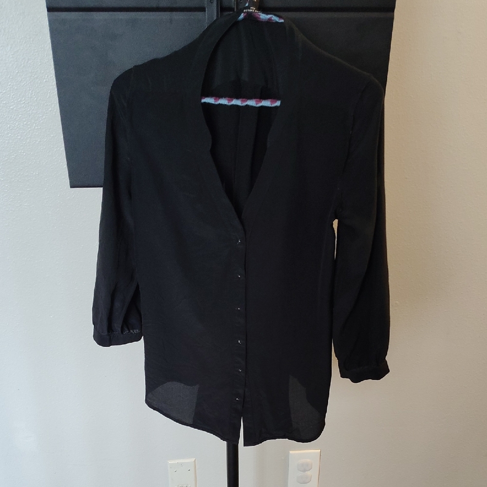 Ann Taylor 100% Silk Black Sheer Button-Down Blouse